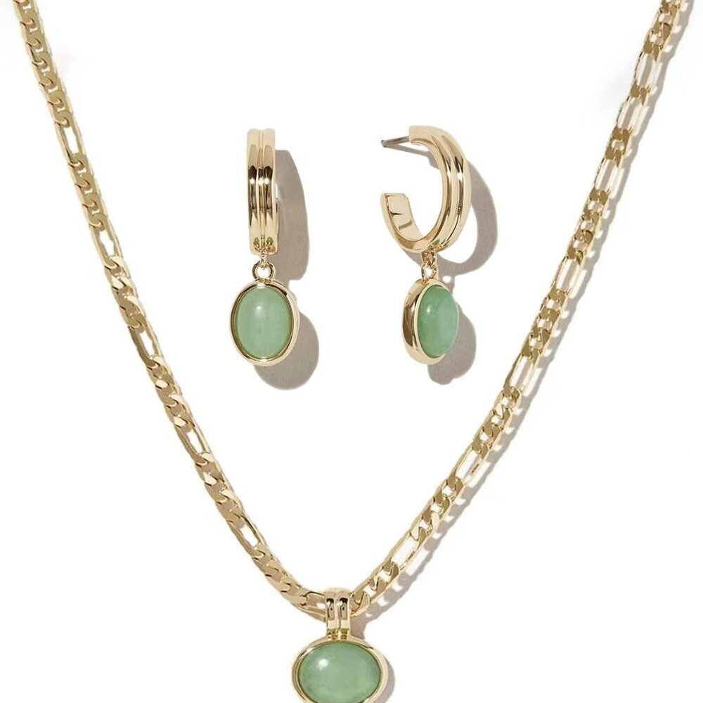 Simple Natural Green Aventurine Stone Jewelry Set for Women,Hoop Earrings,Bracel